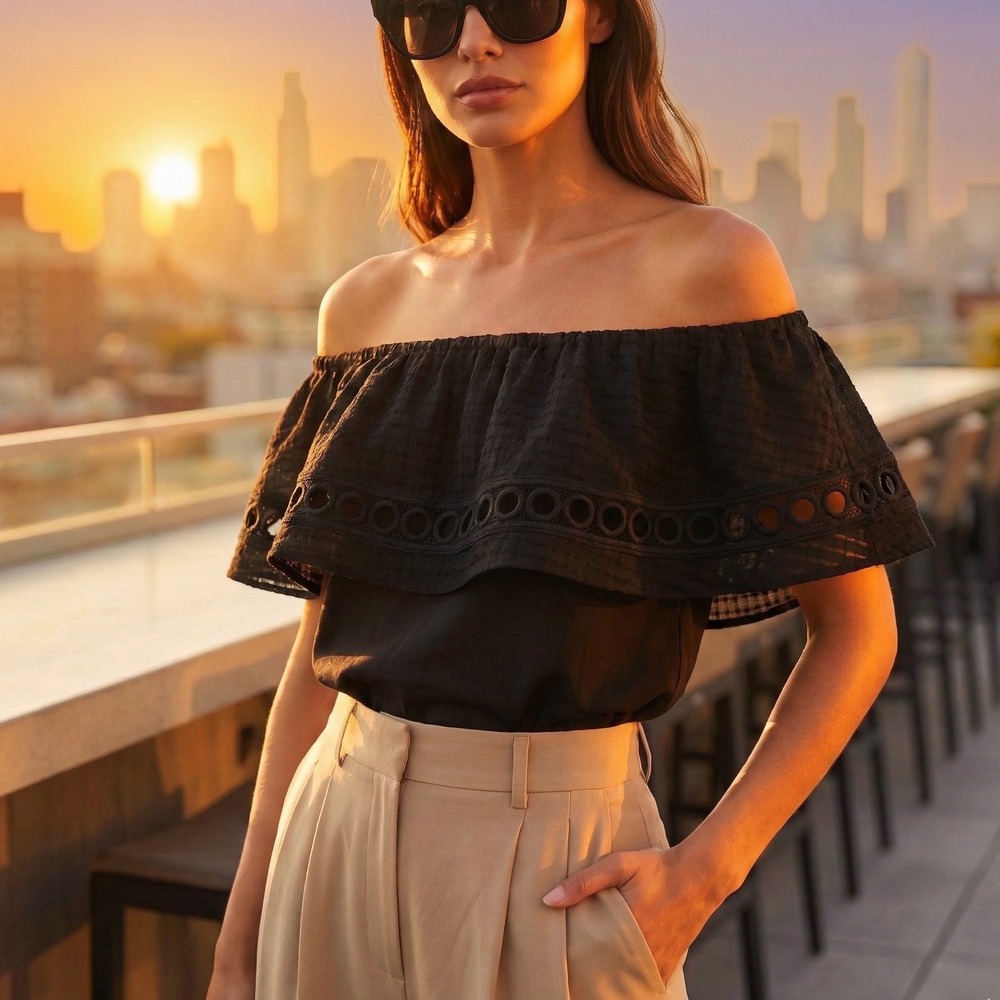 Y2K Rachel Roy Off Shoulder Poncho Ruffle Eyelet Blouse Crop Top Gauze M Boho